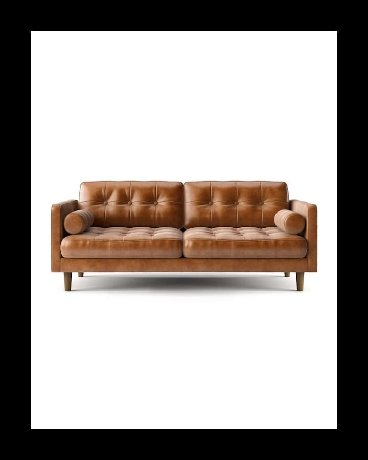Canapé trois places capitonné en cuir cognac, pieds en bois, sur fond blanc